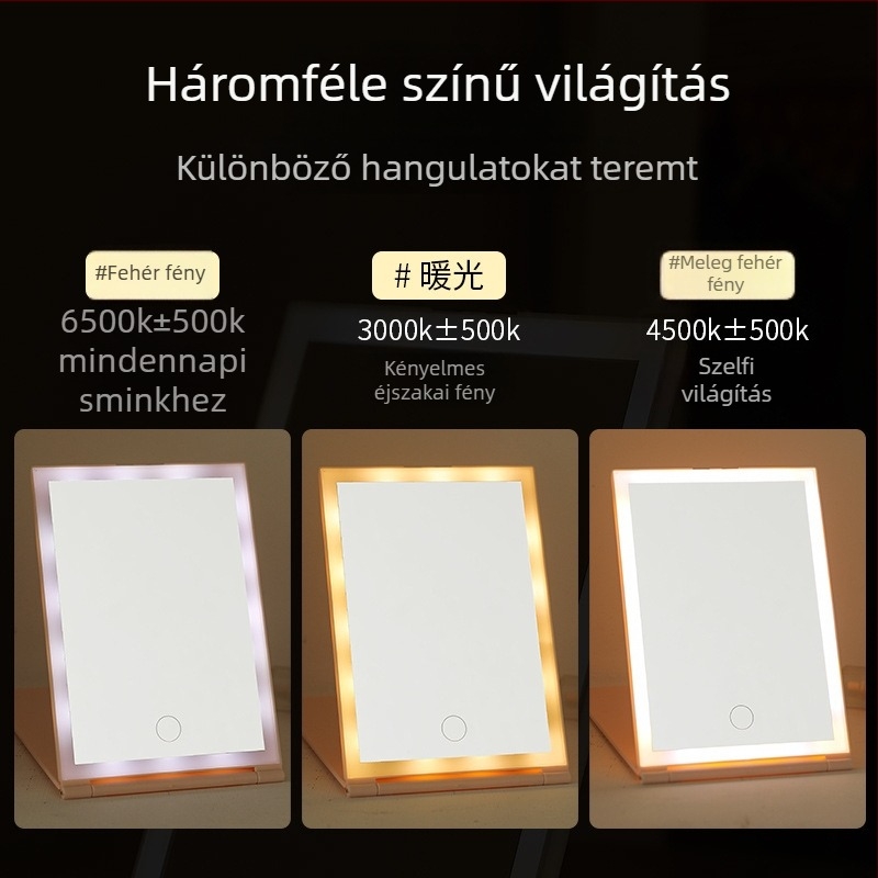 LED asztali sminktükör világítással, összecsukható és hordozható, USB táplálás, HD minőség