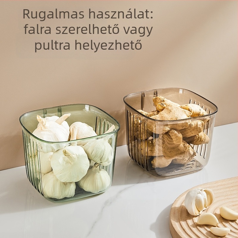 Gyömbér és fokhagyma tároló kosár, falra szerelhető konyhai tároló, hátoldali ragasztóval