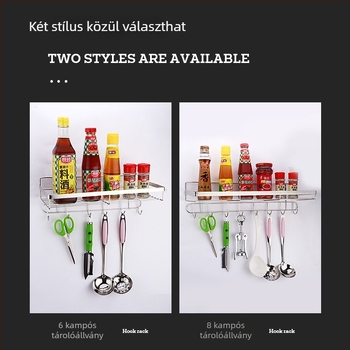 Rozsdamentes acélból készült falra szerelt tároló, egyszintes fűszertartó résszel, fúrás nélkül, konyha és fürdőszoba számára