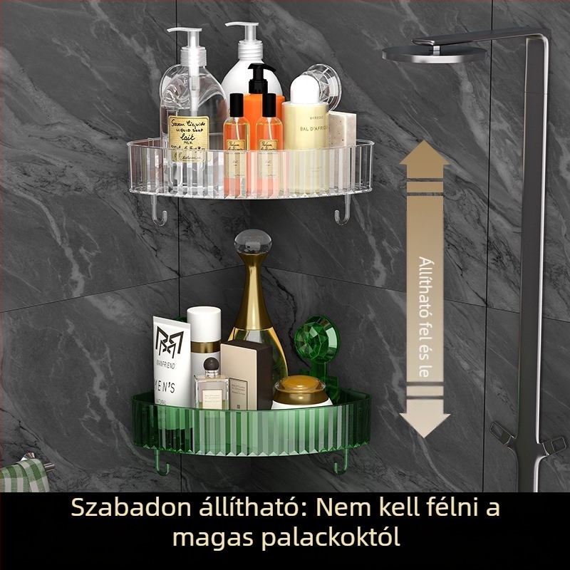 Háromszög alakú sarokpolc a fürdőszobába, öntapadós falra szerelhető – átlátszó kozmetikai tároló