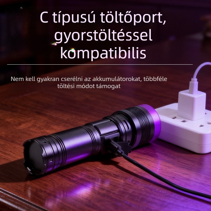 UV365 nagy teljesítményű zoom LED elemlámpa fekete tükrös felülettel és lila fénnyel azonosításhoz és hamisítás elleni védelemhez