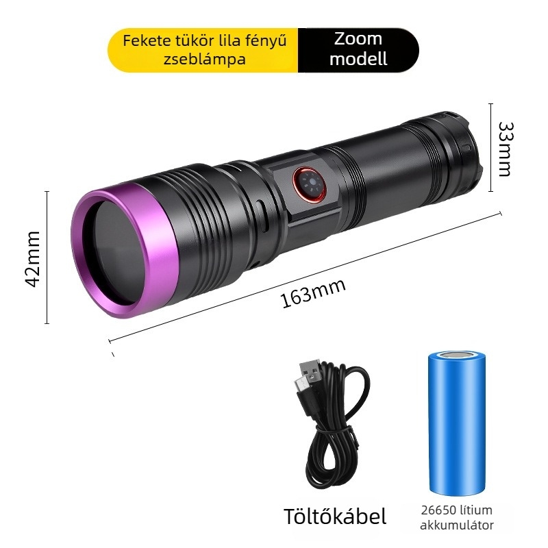 UV365 nagy teljesítményű zoom LED elemlámpa fekete tükrös felülettel és lila fénnyel azonosításhoz és hamisítás elleni védelemhez
