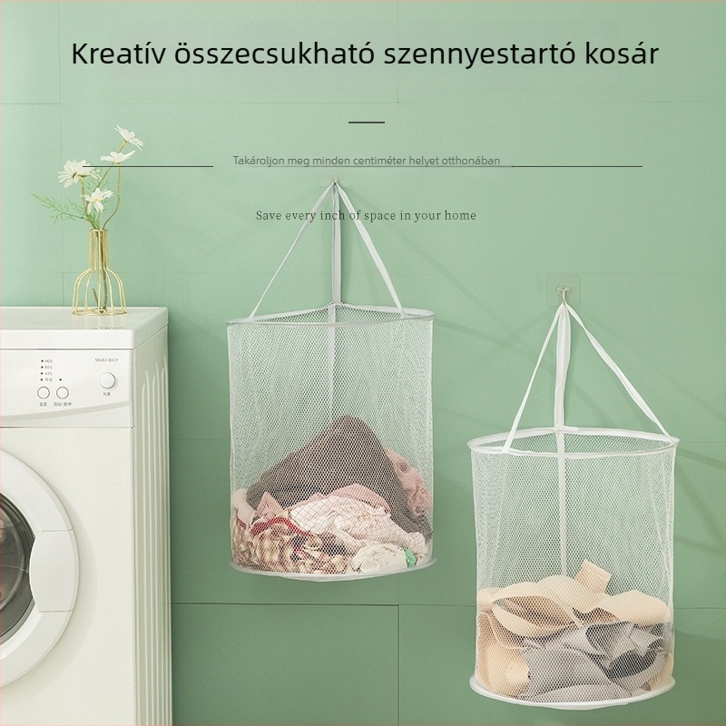 Fali szerelhető, összehajtható szennyeskosár nylon hálóval és acél váz