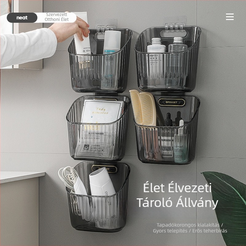 Áttetsző, falra szerelhető, többrétegű konyhai tárolókosár zöldhagymával, gyömbérrel és fokhagymával
