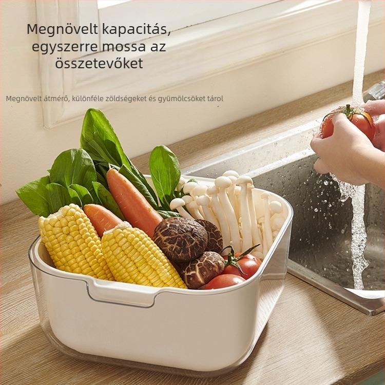 Kétszintes szűrő- és mosókosár zöldségekhez – konyhai felhasználás, gyümölcs és rizs öblítésére