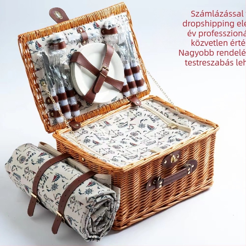 4 személyes fonott piknik kosár, rattan fonat, kültéri használat, méretek 42×31×22 cm