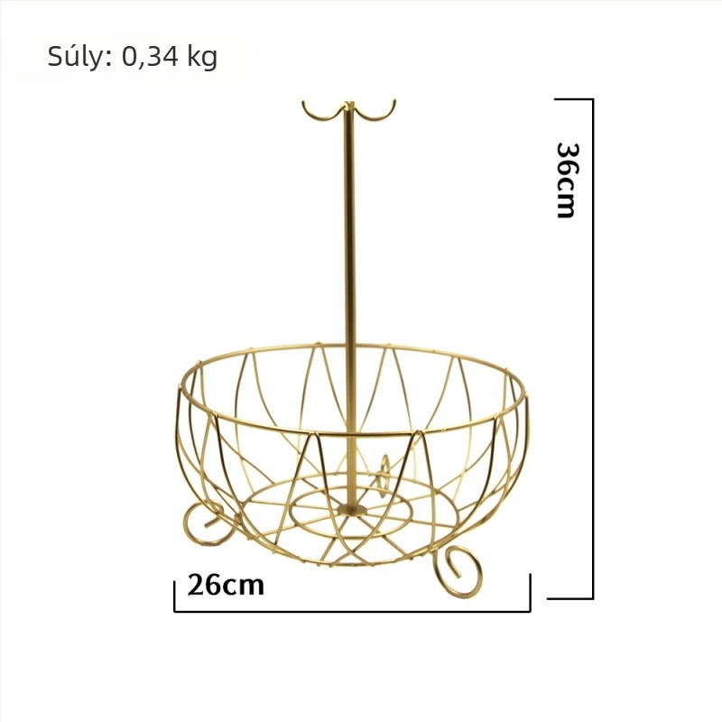 Nagy kovácsoltvas gyümölcskosár kampókkal, többfunkciós, minimalist design háztartási használatra