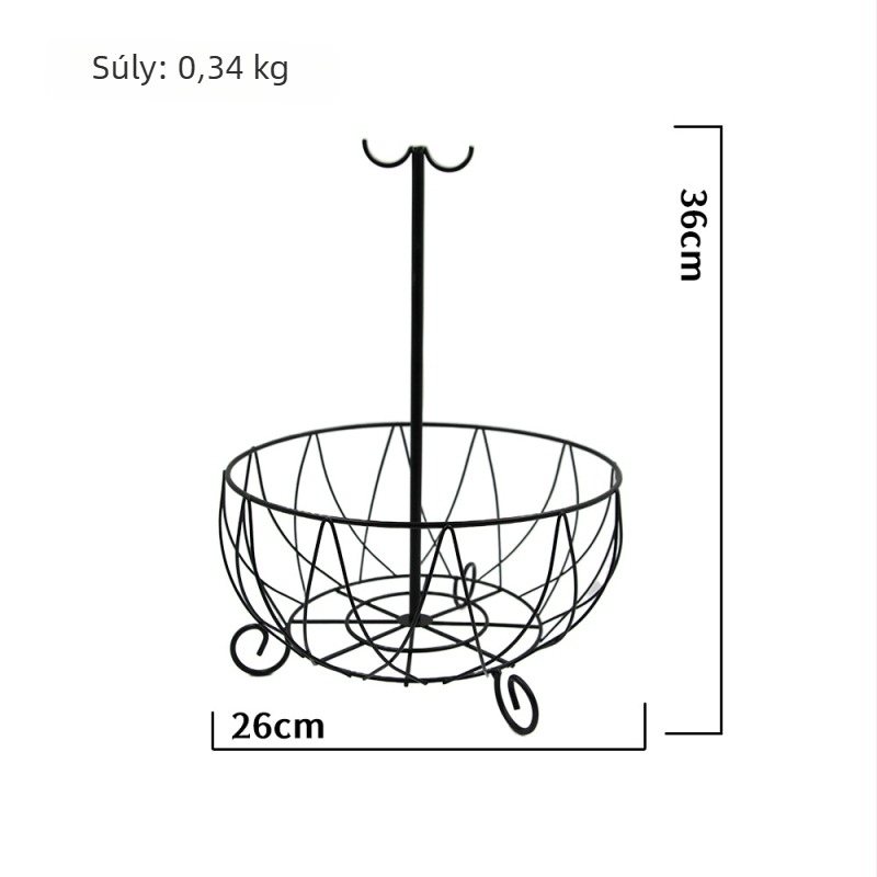 Nagy kovácsoltvas gyümölcskosár kampókkal, többfunkciós, minimalist design háztartási használatra