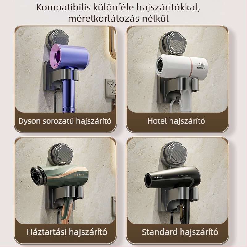 Háromszög alakú műanyag hajszárító tartó szívókanállal, falra szerelhető fürdőszobai tároló