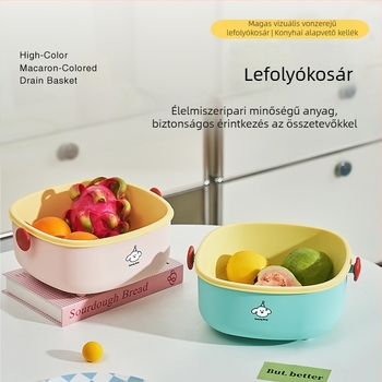 Két rétegű leeresztő kosár – nagy kapacitású konyhai tároló gyümölcsök és zöldségek számára, aranyos rajzfilmszerű dizájnnal