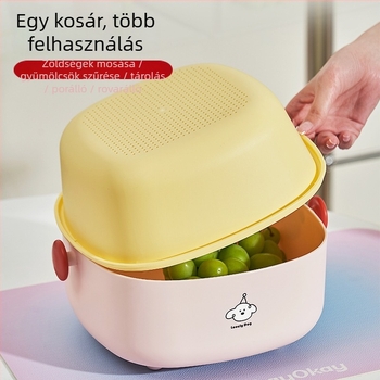 Két rétegű leeresztő kosár – nagy kapacitású konyhai tároló gyümölcsök és zöldségek számára, aranyos rajzfilmszerű dizájnnal