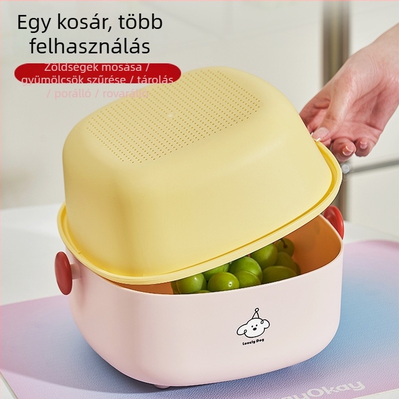 Két rétegű leeresztő kosár – nagy kapacitású konyhai tároló gyümölcsök és zöldségek számára, aranyos rajzfilmszerű dizájnnal
