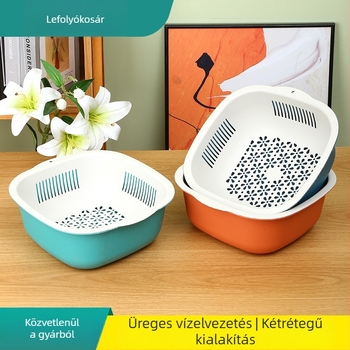 Konyhai műanyag leszárító kosár, dupla rétegű, kör- és négyzet alakú, multifunkcionális gyümölcs- és zöldségmosáshoz