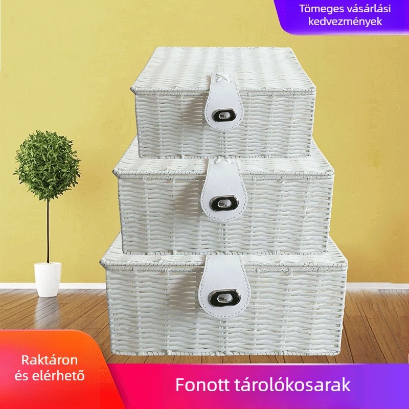Fedéllel ellátott műanyag tárolókosár, rattan hatású, asztali szervező