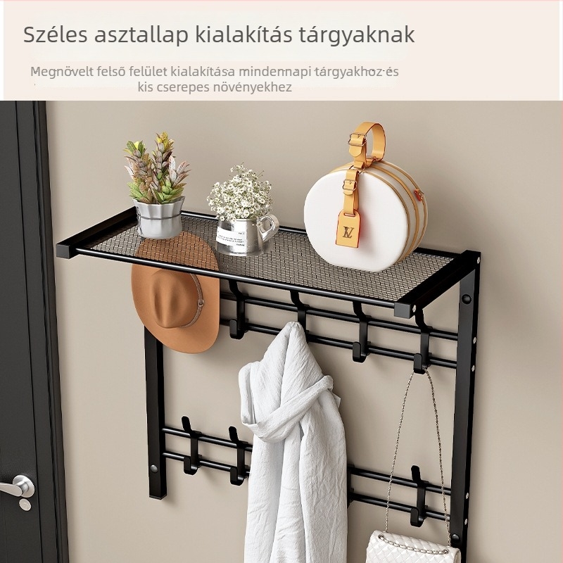 Fúrás nélküli előszobai ruhatartó falra szerelhető kalap tárolóval és mozgatható akasztókkal