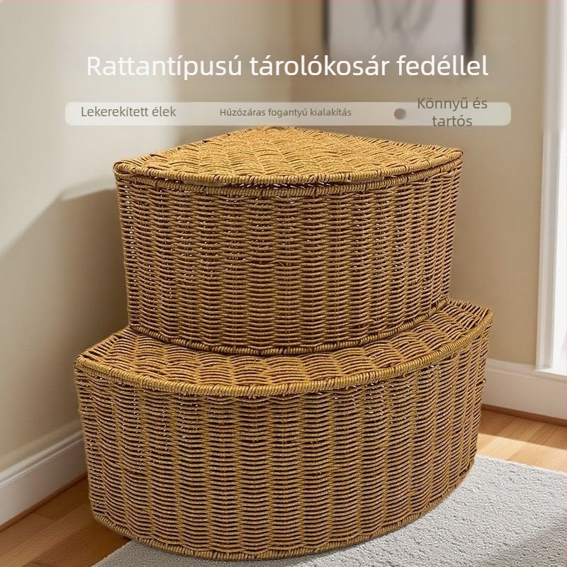 Új utánzat rattan tároló kosár, fan alakú, gardróbsarokhoz, falra szerelhető rendező játékok és apróságok számára