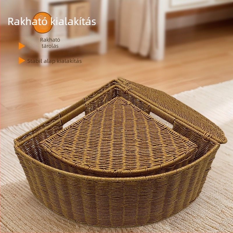 Új utánzat rattan tároló kosár, fan alakú, gardróbsarokhoz, falra szerelhető rendező játékok és apróságok számára
