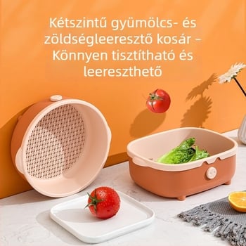 Műanyag kétszintes drénkosár zöldségekhez, malac formájú dizájnnal, konyhai tároló és gyümölcskosár