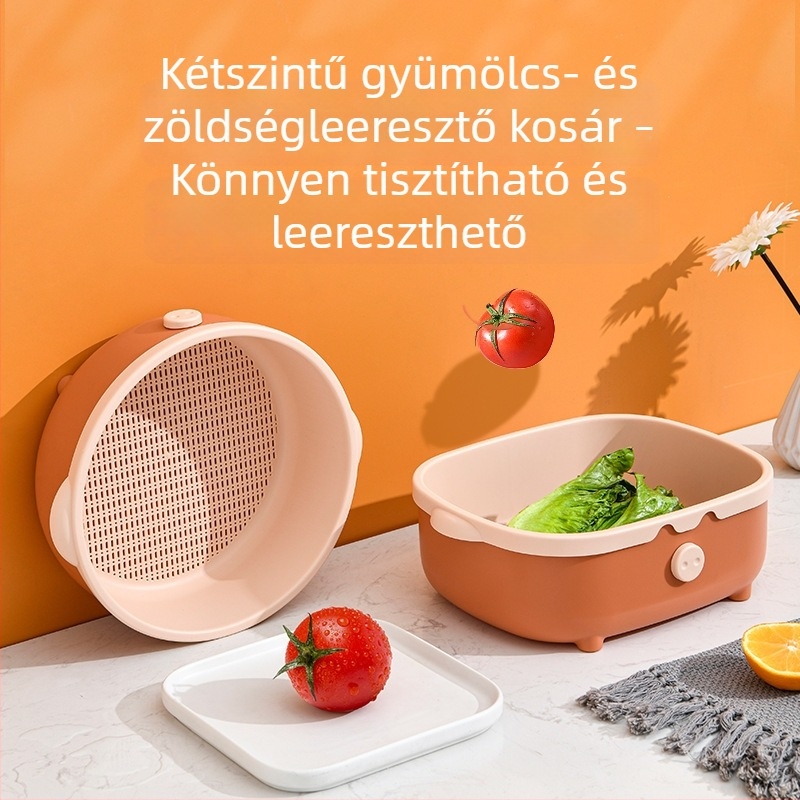 Műanyag kétszintes drénkosár zöldségekhez, malac formájú dizájnnal, konyhai tároló és gyümölcskosár