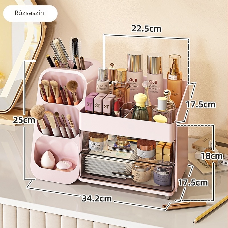 Smink tároló doboz sminkasztalhoz, nagy kapacitású, több rekesz a rúzsok és a bőrápolási termékek számára, minimalist stílusú, ABS anyag