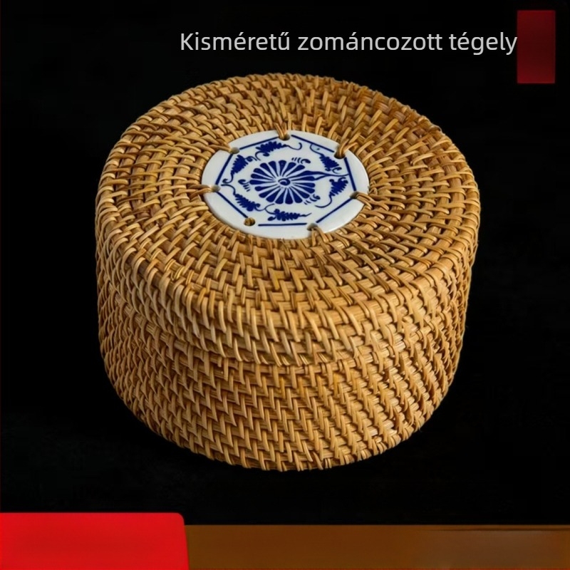 Vintage rattan tároló doboz fedővel, asztali rendszerező, kerek fonott kosár stílusú
