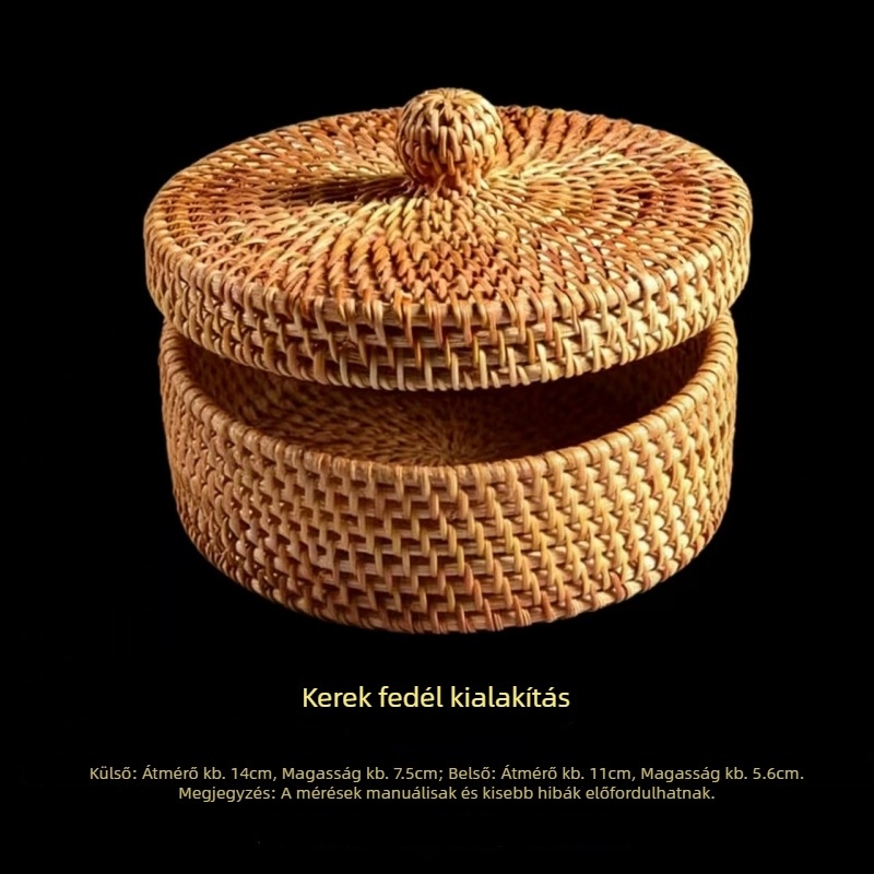 Vintage rattan tároló doboz fedővel, asztali rendszerező, kerek fonott kosár stílusú