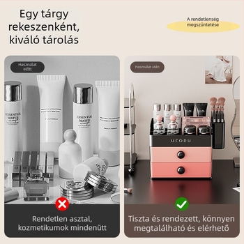 Nagy kapacitású asztali kozmetikai tároló, hely a rúzsoknak, szemhéjpúdernek és bőrápolásnak