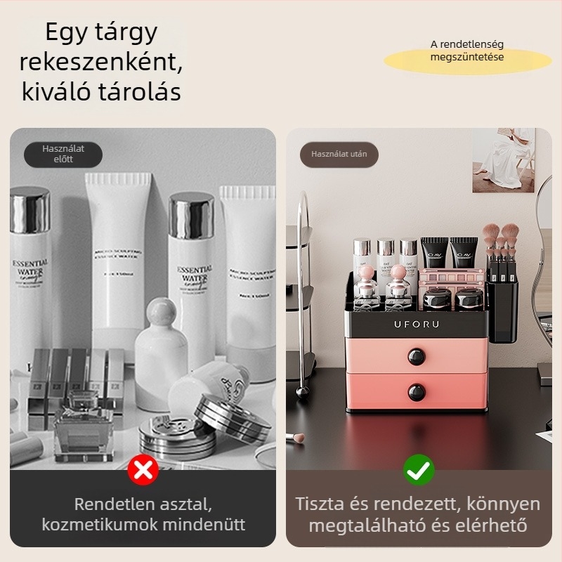 Nagy kapacitású asztali kozmetikai tároló, hely a rúzsoknak, szemhéjpúdernek és bőrápolásnak