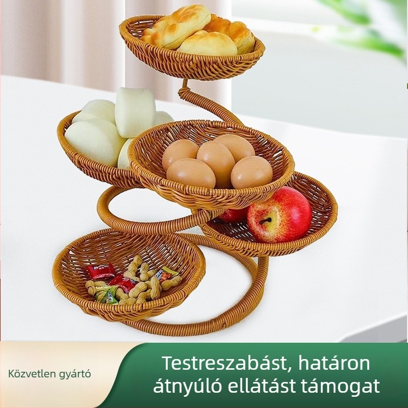 Többszintes gyümölcstál vastagított acélcső állvánnyal, levehető gyümölcskosárral és ajándék kosárral