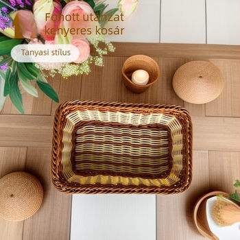 Imitált rattan kenyértároló kosár, pásztor stílus, téglalap alakú tároló és bemutató kosár gyümölcsöknek és zöldségeknek, otthoni konyhában