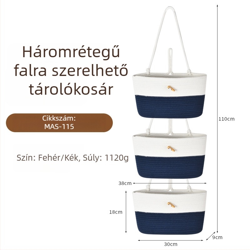Fali háromszintes tárolókosár, fonott, kézzel készített, környezetbarát szervező kis tárgyakhoz