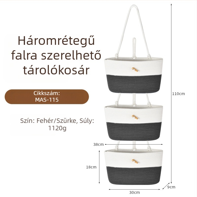 Fali háromszintes tárolókosár, fonott, kézzel készített, környezetbarát szervező kis tárgyakhoz