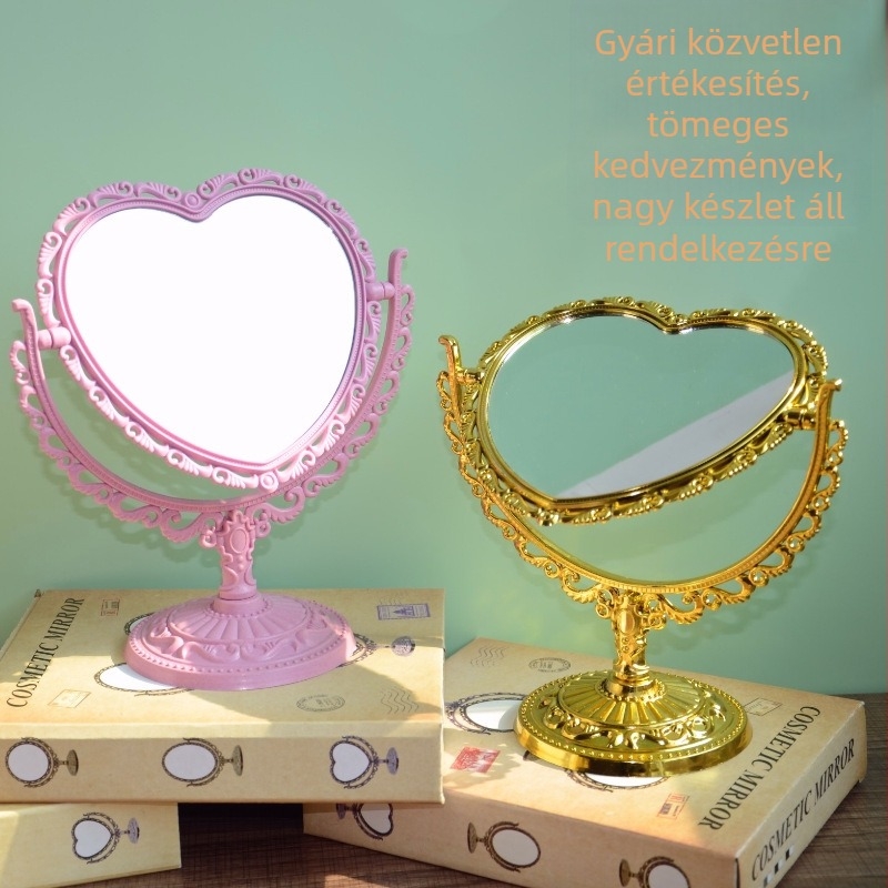 Európai stílusú retro asztali tükör, kétoldalas, szív alakú, arany- és ezüst tónusú, forgatható sminktükör