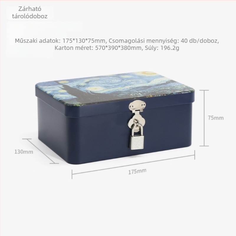 Ónlemezből készült zárható asztali tároló ékszerek és kozmetikumok számára, négyzet alakú fémdoboz személyre szabható mintával. Modell XLL-25422. Méretek 17,5 × 7,5 × 13 cm