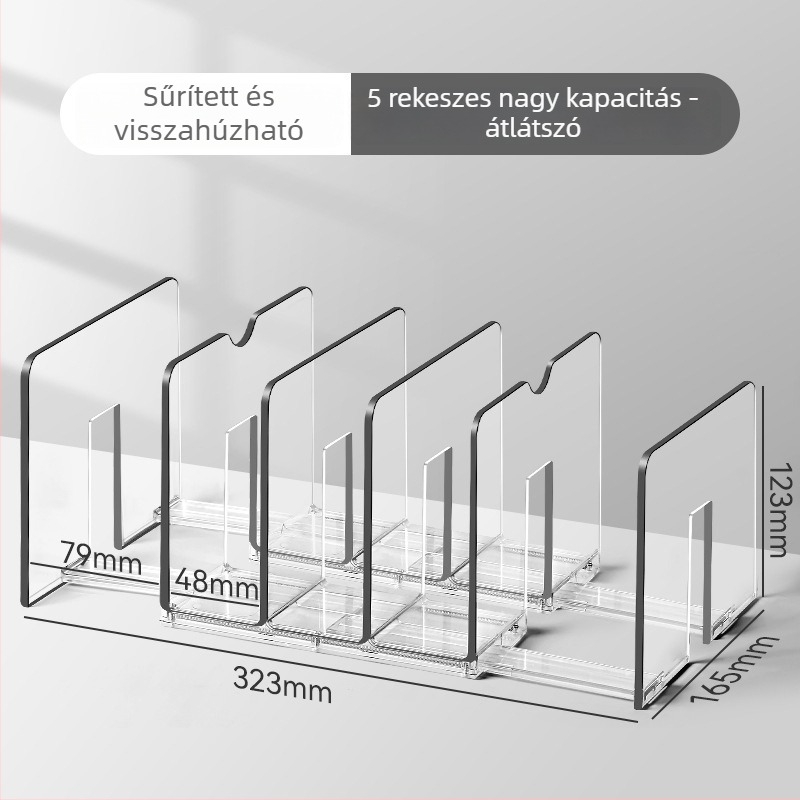 Kihajtható öt rekeszes asztali könyvespolc átlátszó panellel