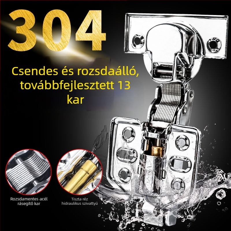 2,0 mm vastagságú rozsdamentes acél csukló, hat furattal a rögzítéshez, háromfokozatú csillapítás és pufferrendszer a szekrényajtókhoz, hidraulikus rugós rendszer