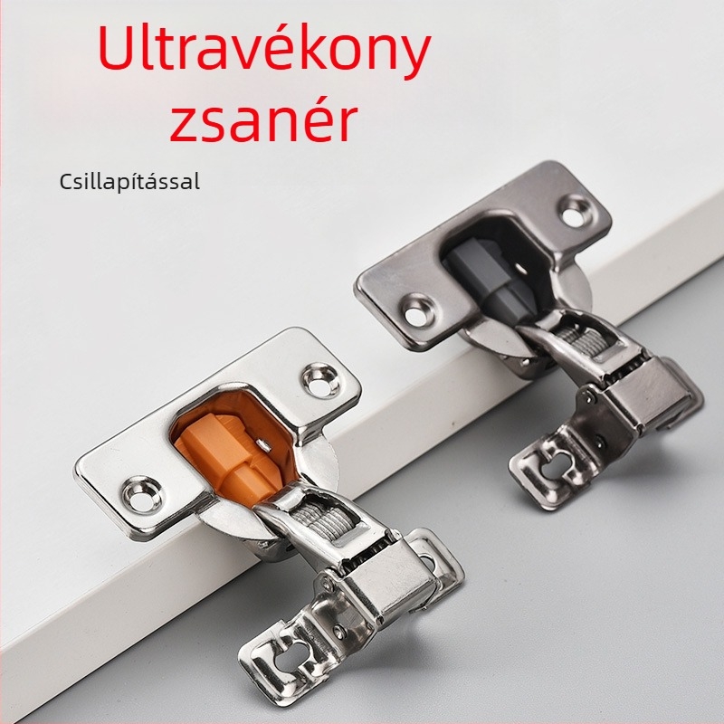 Hidraulikus csillapító zsanér ultra rövid karú kivitelben szekrényajtókhoz, rozsdamentes acél, 1 mm vastagság, külső keret keskeny oldallappal