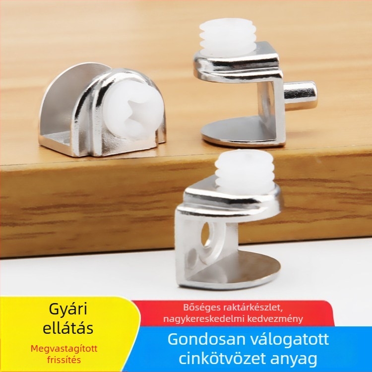 Zinkötvözetű üvegklipsz, szekrénypolc tartó, félkör alakú üvegtámasz, 3 az 1-ben polctartó
