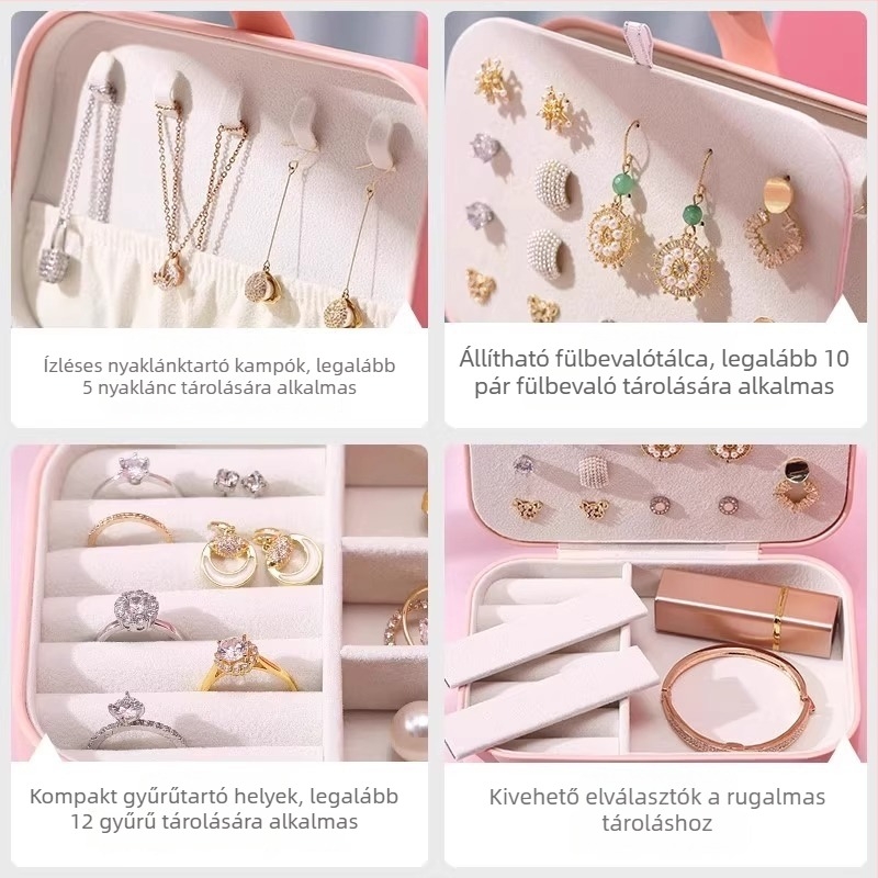 Hordozható ékszertároló doboz, utazáshoz ideális, kompakt, elegáns, nagy kapacitású, fülbevalók, gyűrűk és nyakláncok számára