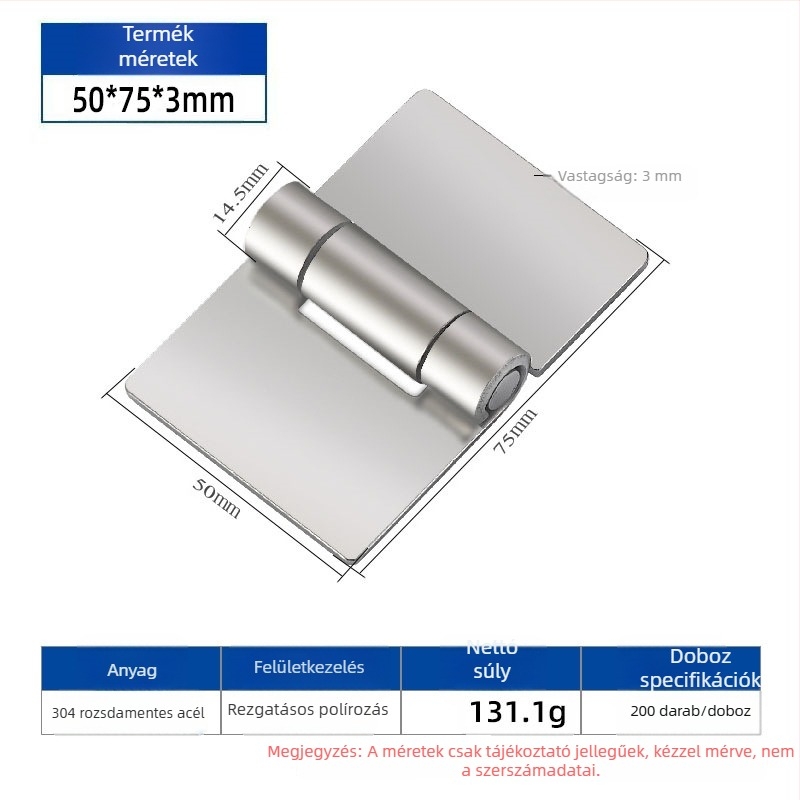 304 rozsdamentes acél hegesztett zsanér, nehéz ipari kivitel, méretek 50×75×3 mm