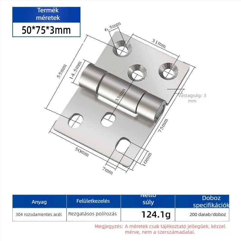 304 rozsdamentes acél hegesztett zsanér, nehéz ipari kivitel, méretek 50×75×3 mm
