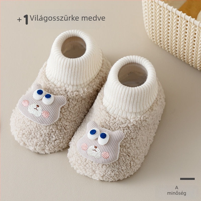 Baba cipők fleece-béléssel az őszi–téli szezonra, meleg és kényelmes pamutból, magas szárú beltéri papucs újszülötteknek