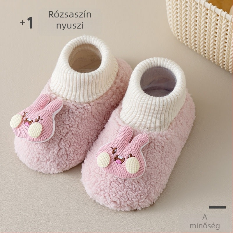 Baba cipők fleece-béléssel az őszi–téli szezonra, meleg és kényelmes pamutból, magas szárú beltéri papucs újszülötteknek