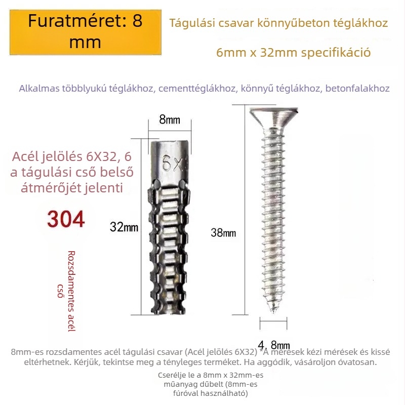 Rozsdamentes acél expanziós csavarok könnyű üreges téglákhoz, integrált szeg és fém expanziós hüvely dugóval