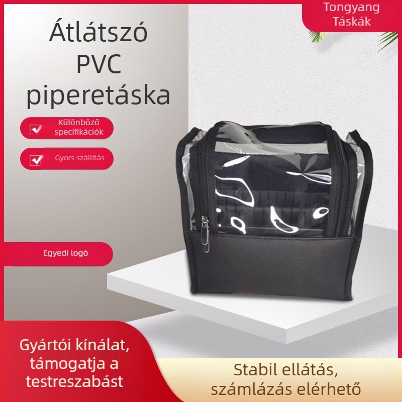 PVC utazó sminktáska nagy kapacitású ecsettárolóval, átlátszó és elegáns megjelenés