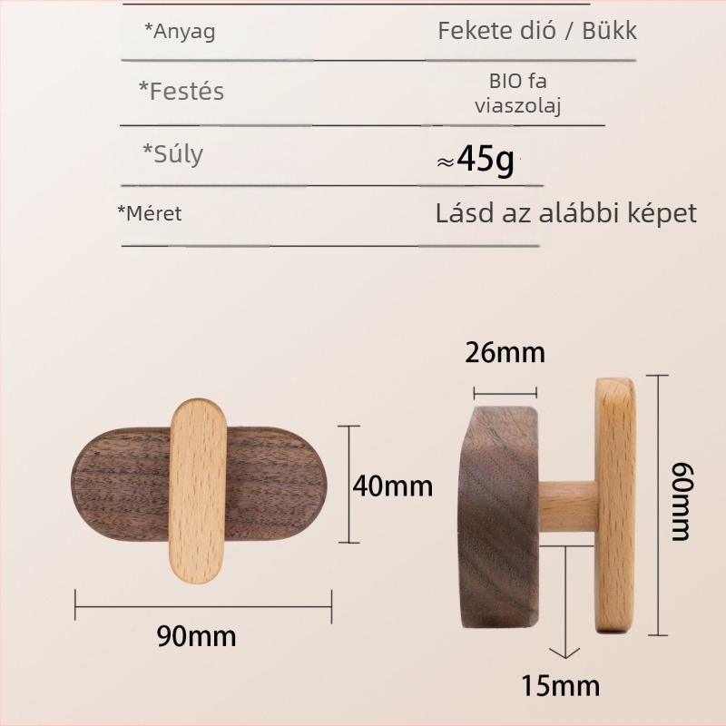 Egyszerű, modern bükkfa falikampó, fúrás nélkül, ragasztós ruhafogas az ajtó mögé