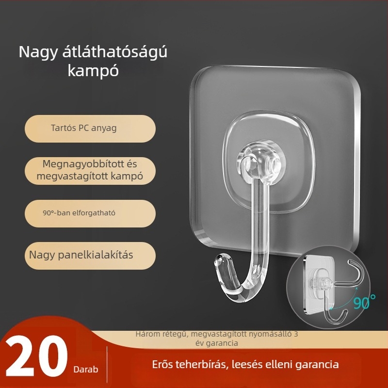 Átlátszó, erős ragasztós falikampó, fúrás nélkül, teherbíró, vastagabb kivitel, 10 darabos készlet