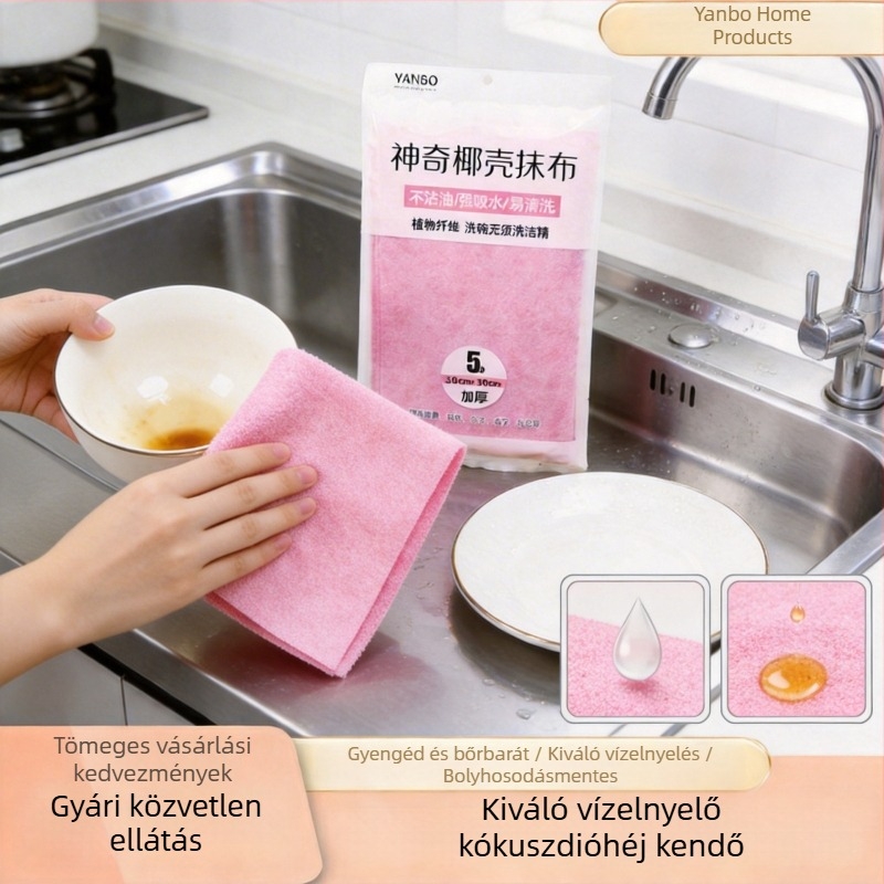 Kókuszhéjból készült edényekhez való törlőkendő, olajálló, nedvszívó, vastított, abrazív tisztító felülettel