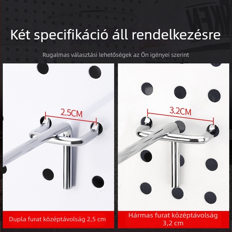 Lyukasztott panelhez készült akasztó készlet: háromlábú akasztó, polc akasztó, kalaptartó és telefon kiegészítő akasztó