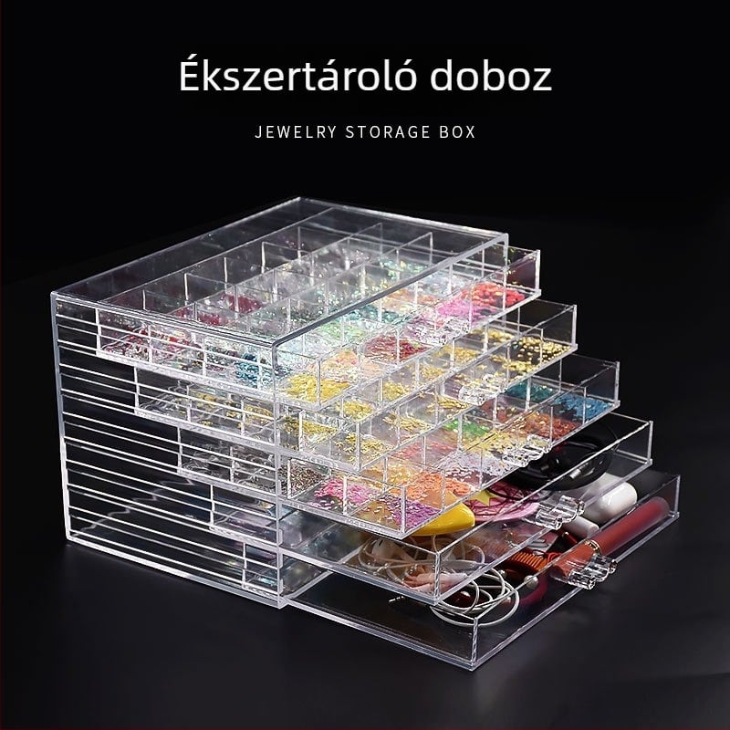 Akril körmök és ékszerek tároló doboza, többszintes szervező, átlátszó, prémium minőség